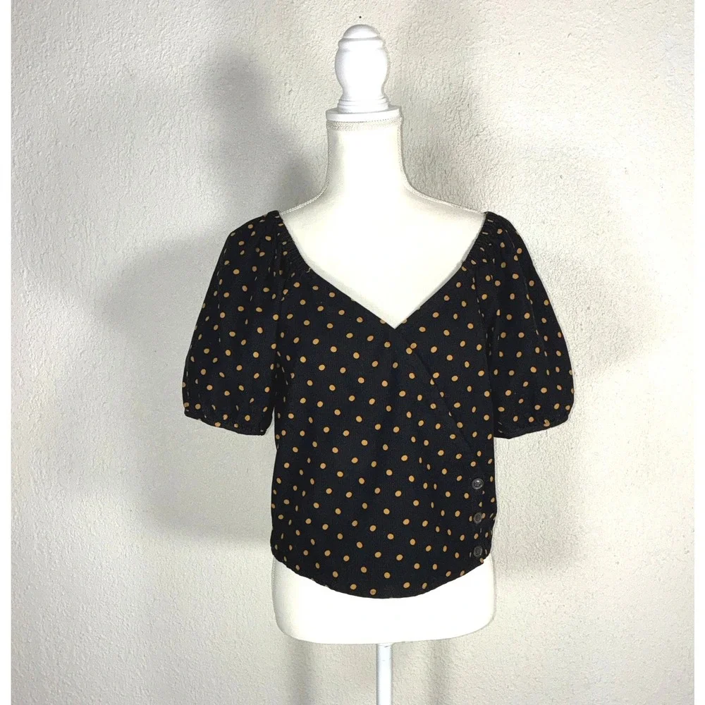 Madewell Polka Dot Corduroy Puff Sleeve Wrap Top Black‎ Tan XS G7835
